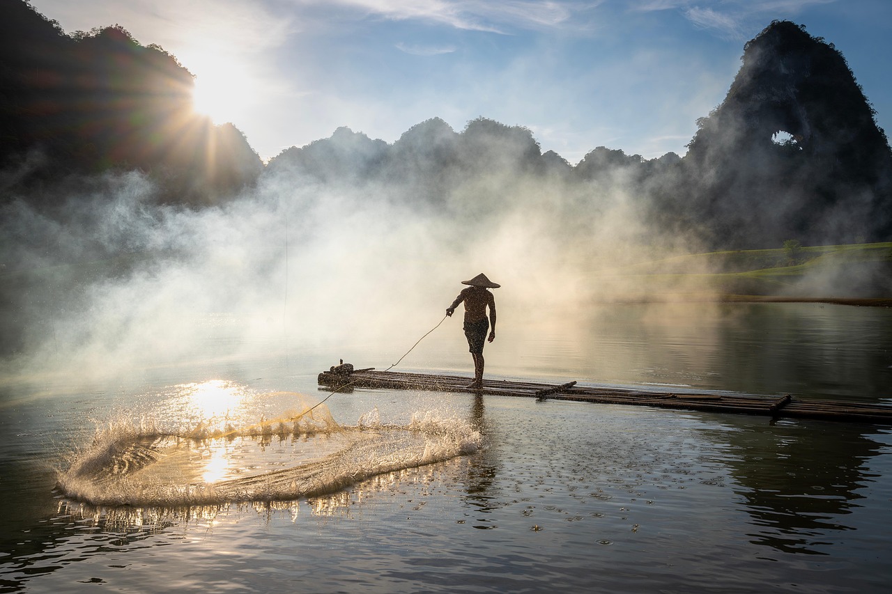 home-hero fishing, vietnam, fisherman, province, cao bang, lifestyle, daylight, life, nature, sky, water, mist, fog, sunlight