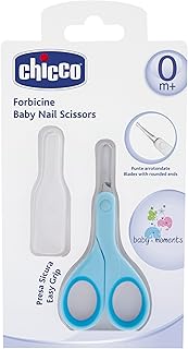 Chicco Ciseaux à ongles pour bébés et enfants, en acier inoxydable avec lames incurvées et bouts arrondis, capuchon de protection, poignée en caoutchouc antidérapante, Pour bébés 0+ mois, Bleu