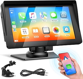 Volam 7 Pouces Carplay Voiture sans Fil, Écran Tactile Car Play et Android Auto, Portable Autoradio avec Bluetooth 5.0, Mirror Link, Siri/G00le Assistant Vocal, Transmetteur FM, AUX
